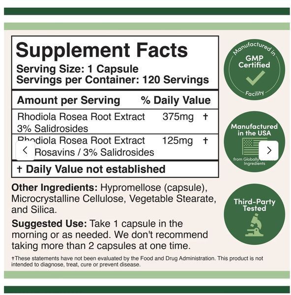 Double Wood Rhodiola Rosea Extract / Екстракт Родіоли рожевої 500 мг енергія, антистрес та ментальний фокус 120 капсул DW-234 фото