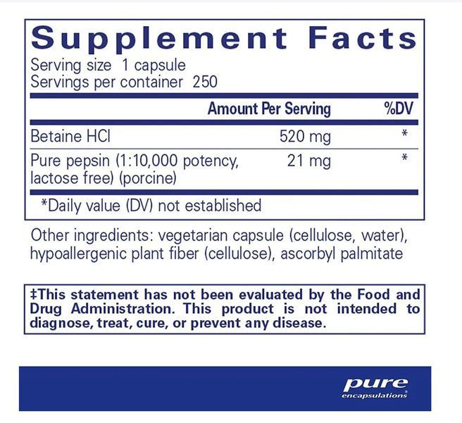 Pure Encapsulations Betaine HCl Pepsin / Бетаїн HCl пепсин 250 капсул PE-020 фото