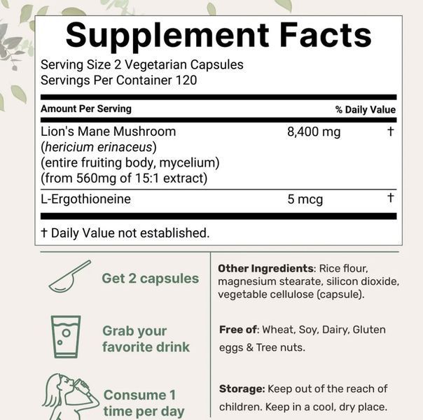 Micro Ingredients Lions (Lion&rsquo;s) Mane Supplement with L-Ergothioneine/ Їжовик гребінчастий органік з Ерготіаніном 240 капсул MI-022 фото